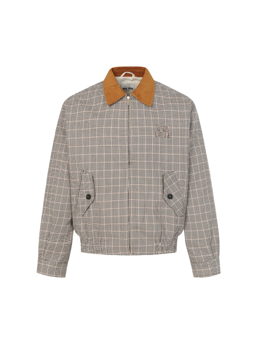 Miu Miu Tan Check Wool-Blend Bomber Jacket with Rust Corduroy Collar